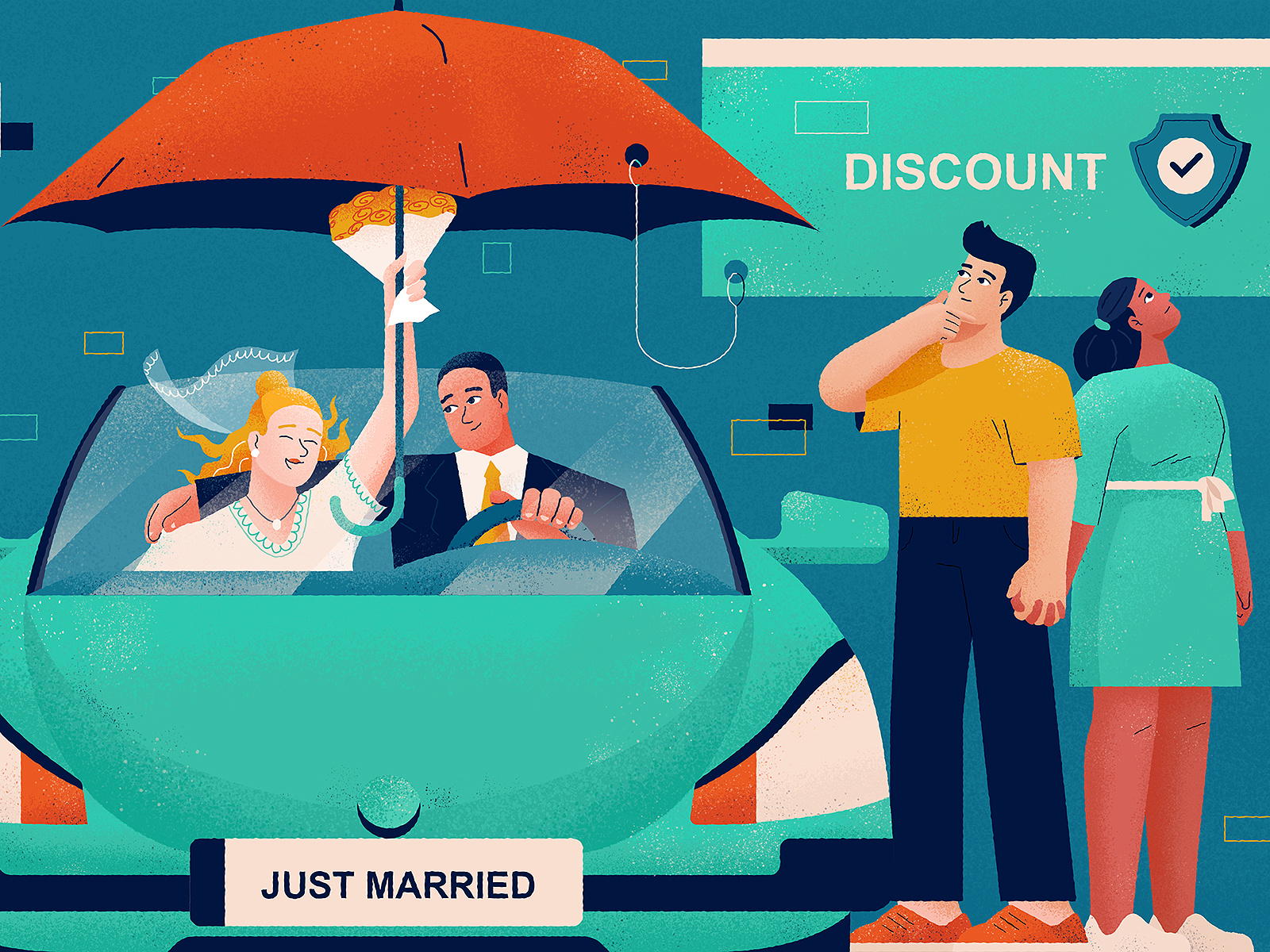 Married Couples' Insurance Rates auto blue car character couple design discount flat illustration insurance just married man married relationship vector woman