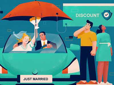 Married Couples' Insurance Rates auto blue car character couple design discount flat illustration insurance just married man married relationship vector woman