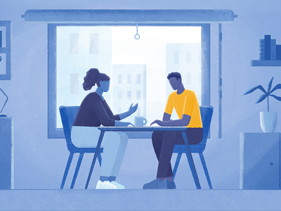 Connections blue character connect connection conversation help illustration living room man people person room table talk texture window woman yellow