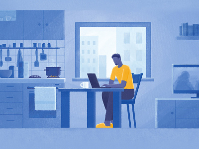 Home blue character computer cook cooking flat home illustration kitchen laptop man remote remote work soup work yellow