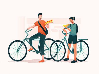 Pizza on bikes bikes characters eating flat illustration man on people pizza vector woman