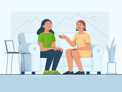 Active Listening blue blue and yellow chat conversation conversations couch green listening living room share sharing sit sitting talking texture vector woman women