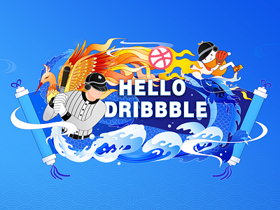 Hello dribbble blue dragon fire illustration logo phoenix the chinese style water