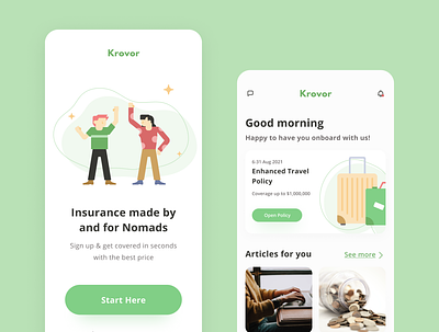 Krovor Mobile App app design branding freelancer graphic design holiday illustration insurance mobile mobile app nomads travel travel insurance ui ui design uiux