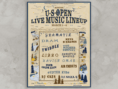 Burton USOpen Live Music Poster gig poster handdrawn screenprint typography