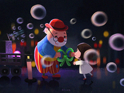 Clown 2d art art balloon bubble character clown concept art design game art girl illustration illustrator night