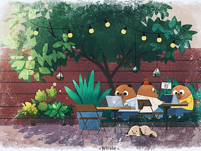 Bear Cafe 2d art art backyard bear character children coffee shop concept art dog illustration summer sunnyday tree