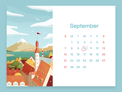 September calendar autumn building lake mountain roof sky tree