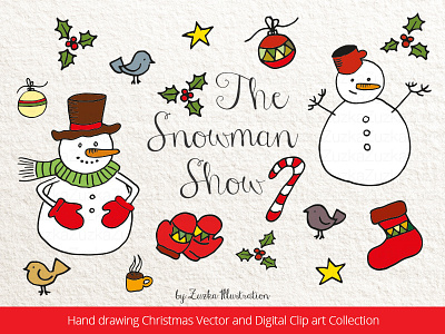 The Snowman Show - Christmas Hand Drawing Collection bird christmas christmas ornaments gloves holly hollyberry snowman socks winter xmas