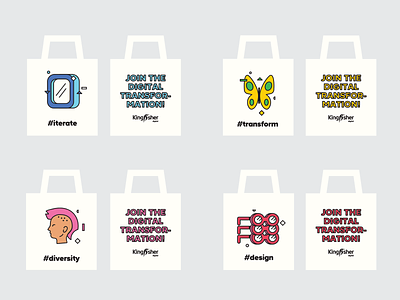 Totebags for Kingfisher's Siliconmilkroundabout booth design illustration promo totebags transform