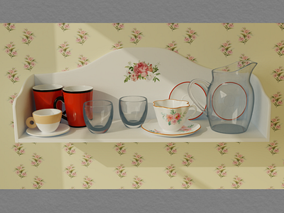Provance style 3d 3d modelling country style cup illustration interior kitchen plate