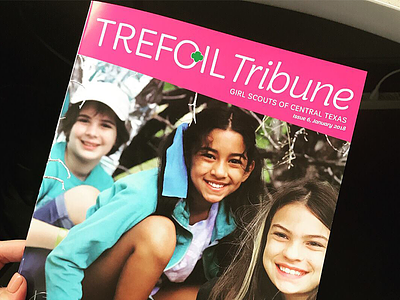 Issue #6 of the Trefoil Tribune design editorial graphic designer in-house publication layout magazine magazine design magenta