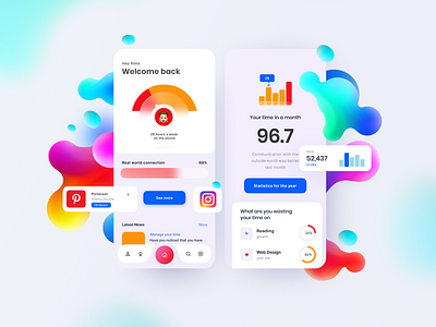 TimeBack - time tracking mobile application 2d app app design application clean color colorful design elements glassmorphism gradient illustration mobile shapes simple time ui ux vector