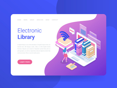 Electronic Library landing page 2d app books characters clean design electronic illustration isometric landing library mobile simple site typography vector vector art wifi