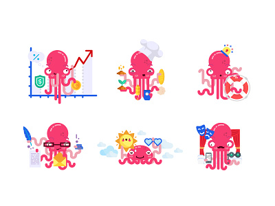 Illustrations of a pink octopus 2d characters cute design emotions illustration octopus pink simple vector
