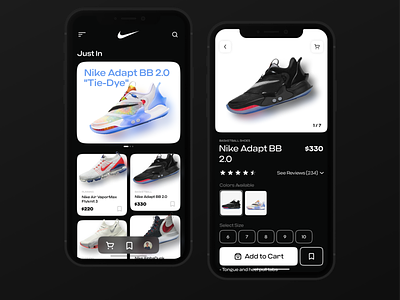 Nike Shoes Store App Exploration. app app design dark dark mode dark ui design ios ios app design nike nike running nike shoes shoe shoe design shoes shoes app shoes store sports ui uiux ux