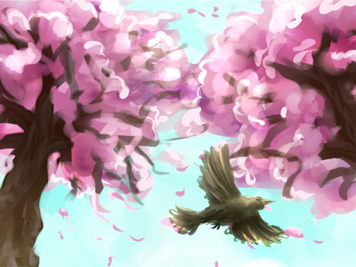 Blossoms bird blossom digital painting illustration spring trees