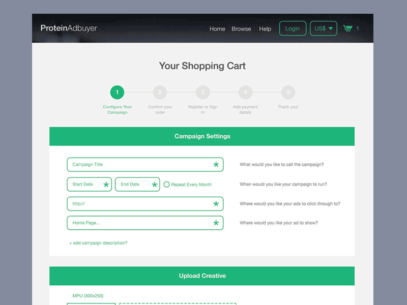 Protein® Adbuyer Cart cart clean flat form green minimal simple website