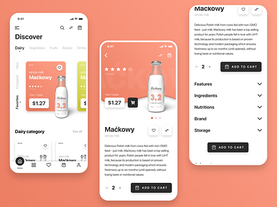 DAILY E-COMMERCE APP DESIGN add to cart app application buttons design e commerce ios milk mockup navigation packaging packaging design price shop shopping cart ui ux