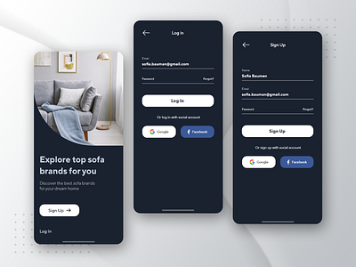 Sofanest - Log In & Sign Up Concept app business clean clean ui concept design ecommerce ecommerce app furniture furniture app icon login screen minimal product signup sofa ui uidesign uiux ux