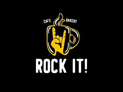 ROCK IT! Cafe&Bakery bakery black branding coffee coffee shop design doodle doodle logo graphic handly illustration logo logos logoshape pattern pattern art rock vector yellow