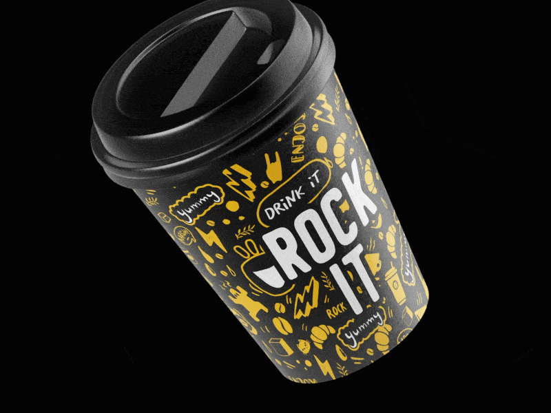 ROCK IT! Cafe&Bakery Cup adobe animation bakery black branding caffe cup design doodle graphic icon illustration logo logoshape package yellow