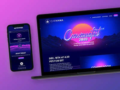 Carvanafest 2020 concept devices event glow mockup neon responsive retro throwback website