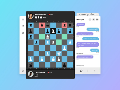 Online chess UI boardgame bright chat chess chessboard clean flat game gaming gradient light message navigation online pieces play toggle ui window