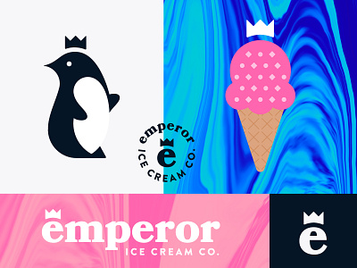 Emperor Ice Cream branding cone crown dessert drip emperor food ice cream logo melt penguin typography