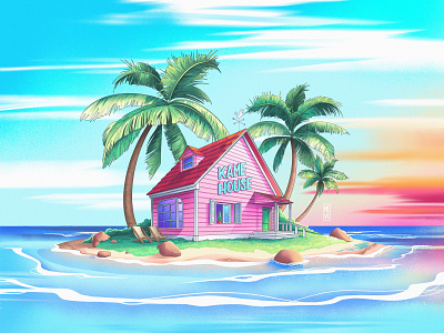 Kame House Illustration beach digitalart digitalillustration dragonball dragonballz goku illustration island kame house landscape paradise sea tropical