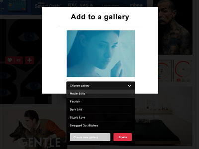 Add To Gallery Pop Up add to gallery button dropdown gallery navigation piccsy pop up