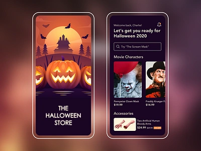 Halloween Store app dark theme dark ui ecommerce app freddy krueger halloween halloween app halloween app design halloween costume halloween store mobile mobile app mobile ui pennywise product design product page splash screen typogaphy ui design ui ux