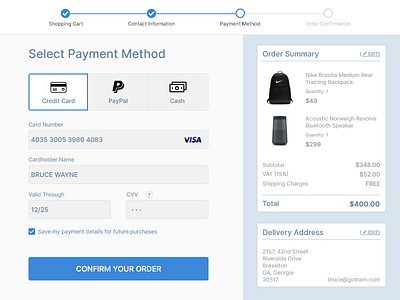 Checkout UI Concept adobexd card checkout checkout ui clean credit card credit card checkout credit card payment dailyui dashboad ecommerce forms interfaces order payment payment method paypal shopping ui steps ui ui
