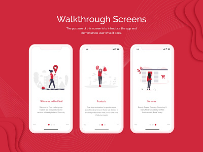 Walkthrough Screens Concept booking club concept design offers online product pula screen service shoping ui ux visualization walkthrough welcomes you