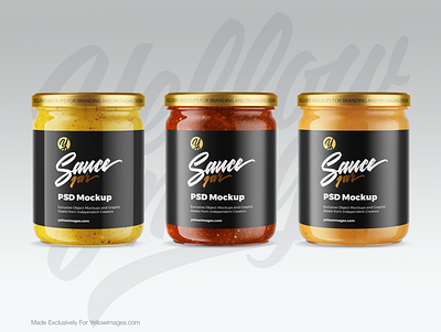 Sauce Jar Mockup — Front View bbq branding buy chili create design food glossy jar label mockup mustard object packaging peanut pesto salsa sauce tomato yellow images