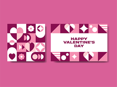 Neo Geometric Valentine's Day Postcards checkered flat geometry graphicdesign illustrator magenta mosaic neo geometric pink postcard trendy valentines day vector
