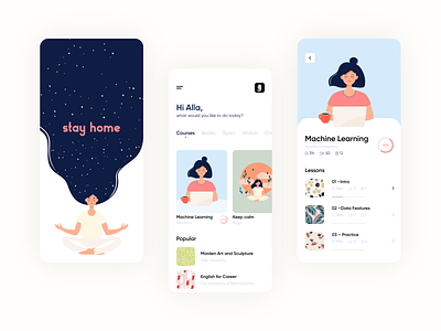 Stay Home App app book clean courses design illustration illustrator ios ios app lessons minimal mobile pink popular stay home ui ux vector yoga