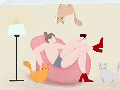 Girl with wine aesthetic cats clean design girl girl illustration illustration illustration art illustrations illustrator minimal pink stay home vector wine