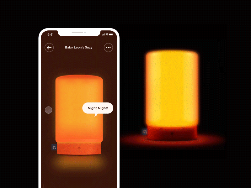 Suzy Snooze connectedhome connected product lamp family voice music parent baby monitor night soother sleep mobile ui ux animation product design project