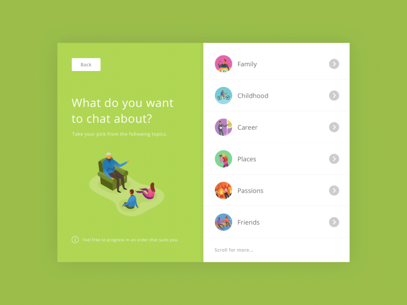 Share your stories with Kindeo agile animation children conception elder family generations illustration ipad past product design share story ui ux