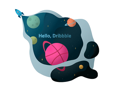 Hello Dribbble! animation design digital illustration first shot hello hello dribbble illustration outer space planet rocket rocketship space stars