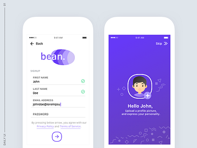 Daily UI #01 / Sign Up bean clean dailyui debut hello ios iphone minimal signup ui ux