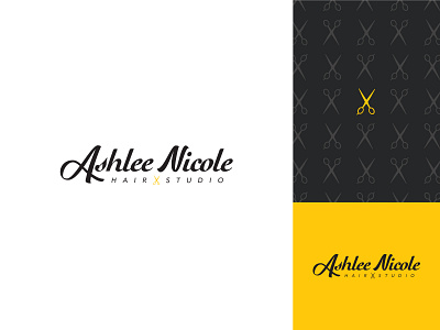 Ashlee Nicole Hair Studio :: Logo brand identity brand refresh branding cursive design freelance graphic design hair salon identity illustration logo logo design logo mark scissors script typography yellow