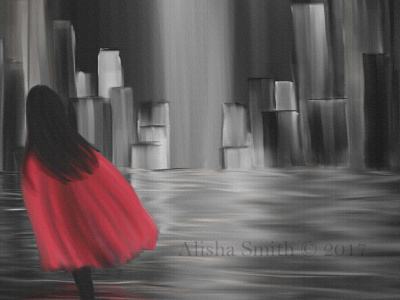 Girl With Red Cape abstract background beautiful city concept female girl lonely rainy water weather wet