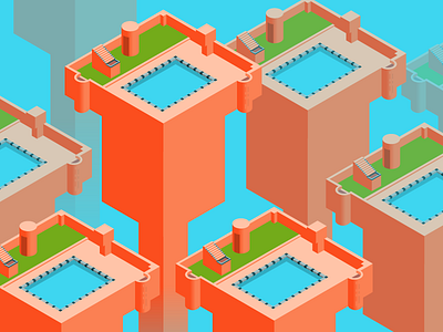 Island towers isometric architecture flat isometric red