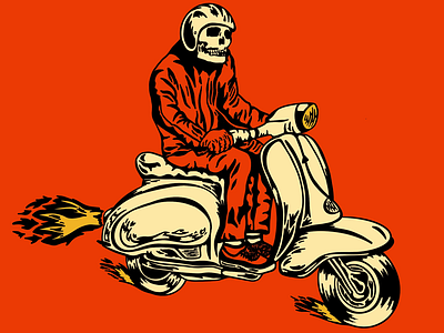 Vroom vroom fire helmet illustration orange scooter skull vespa vroom wheels yellow