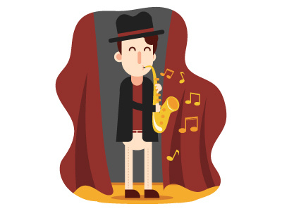Man playing saxophone on stage boy character editorial flat design graphic guitar illstration material music saxophone sing vector