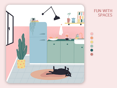 Fun With Spaces art blue cat clean color illustration kitchen pink procreate room sketch space vector