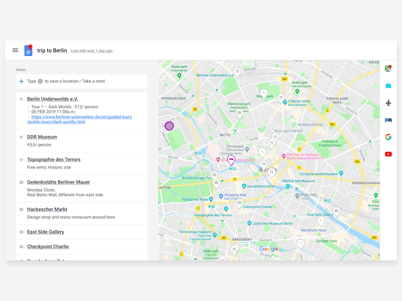 Build your map while writing your notes - Google Travel Concept google google maps interaction design map notetaking travel trip planner uxui