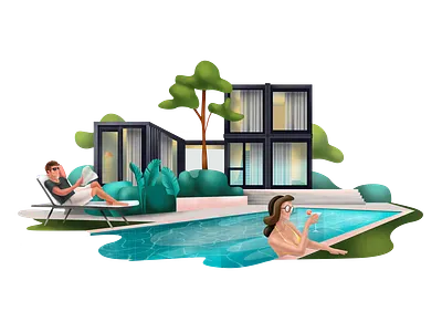 Landing Page Illustration adobeillustrator art couple couplebythepool design graphic house illustration landingpage landingpageillustration likakedelashvili likawallace manandwoman pool